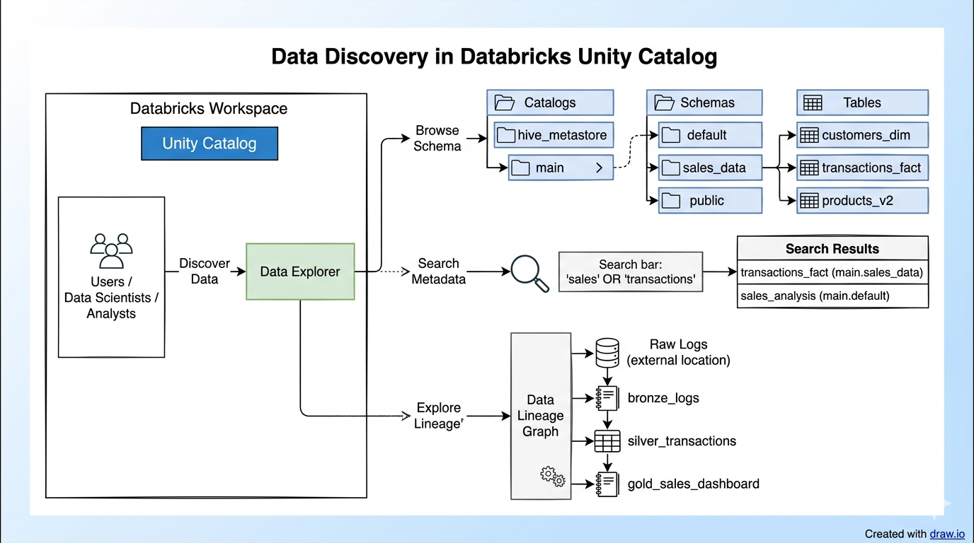 Alt Text: Illustration of Databricks Unity Catalog centralizing and enhancing data discovery with business context and trust