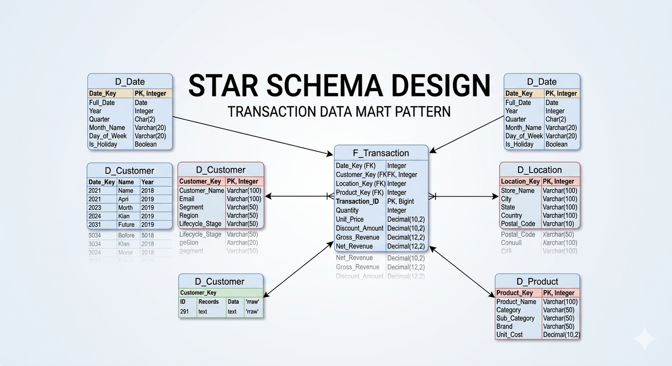 Alt Text: A clear, modern illustration of a Star Schema with a central fact table and radiating dimension tables, emphasizing the connections.